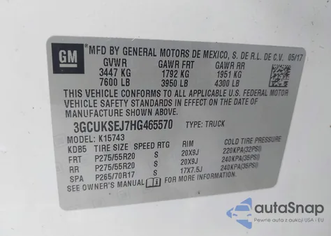 2017 Chevrolet Silverado 1500 1Lz z USA, uszkodzony, nr VIN 3GCUKSEJ7HG465570